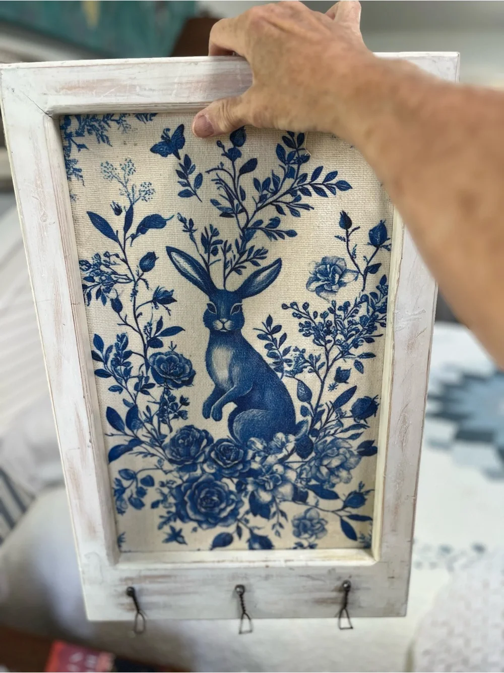 Blue Floral Rabbit Wall 3 Hook Decor